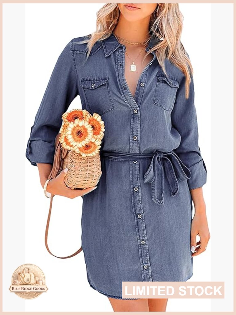 Denim Shirt Dress Casual Button Down Tie Waist Long Sleeve Midi Wrap Style